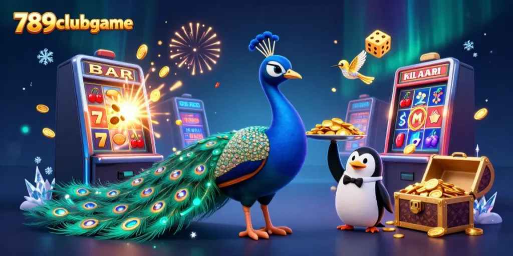Engage in thrilling gameplay with 789clubgame, featuring a peacock, butler penguin, and hummingbird in a vibrant casino atmosphere.