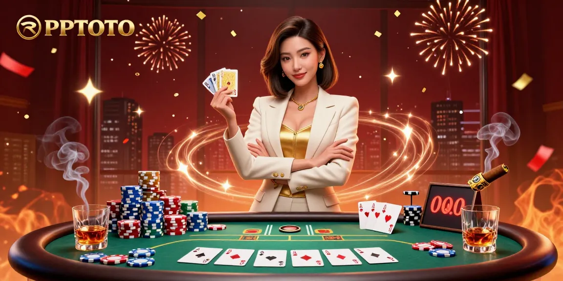PPTOTO menampilkan seorang wanita Asia yang anggun dengan percaya diri memegang kartu di tengah elemen poker yang berwarna-warni.