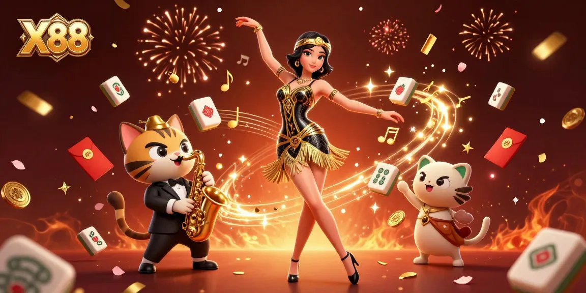 X88 invites players to experience vibrant gaming chaos with a stunning dance and celebration scene.