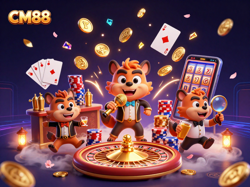Experience the excitement at CM88's casino club with hyena characters amidst vibrant gaming elements.