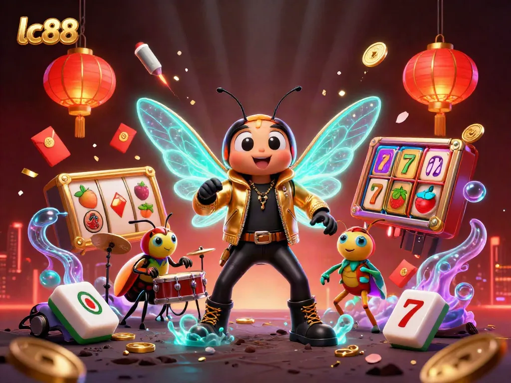 Experience the excitement of lc88 casino with a vibrant rock star scene featuring slot machines and luck symbols.