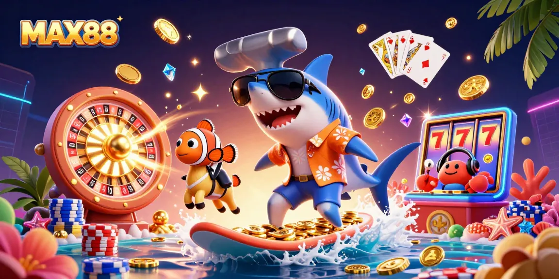 Experience MAX88 with vibrant characters surfing on a wave of gold coins, surrounded by casino elements.