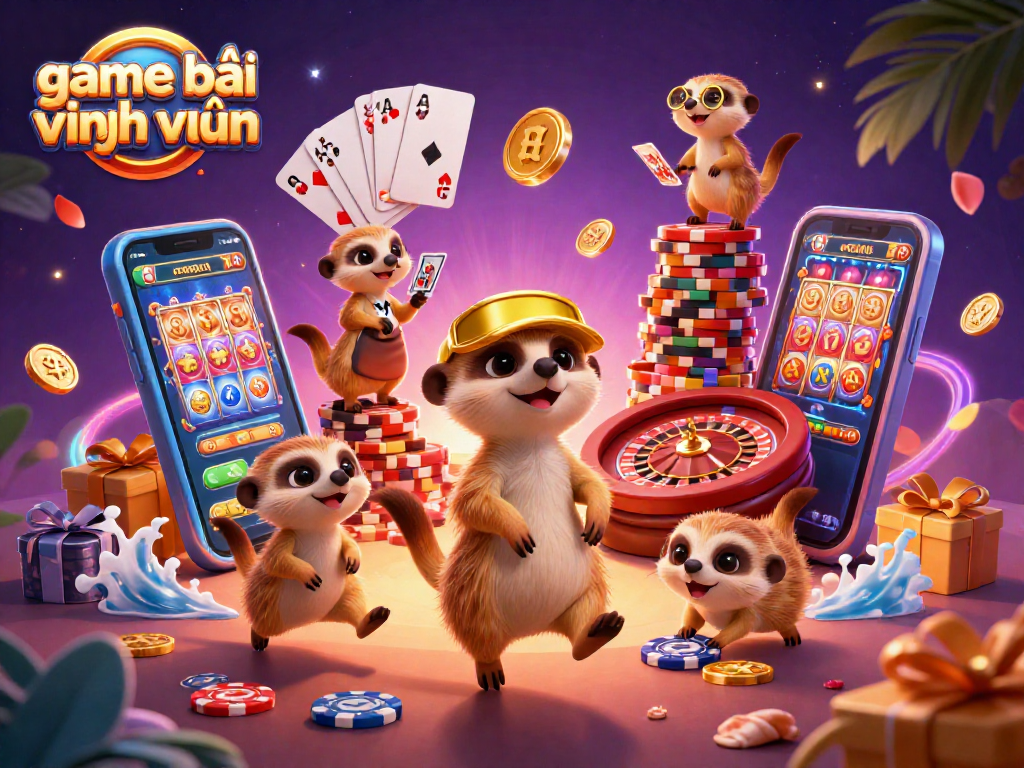 Engage in the thrilling game bài vĩnh xuân with animated meerkats running a vibrant casino.