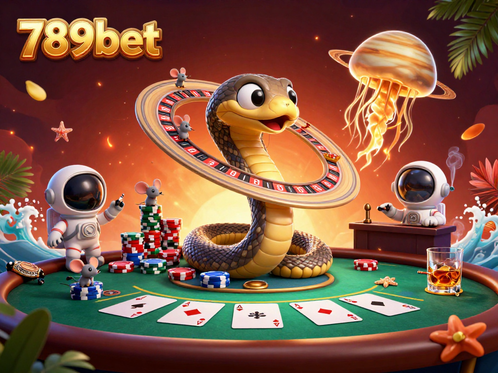 Experience the thrill of betting at 789bet with astronaut mice and a cosmic dealer in a vibrant casino scene.