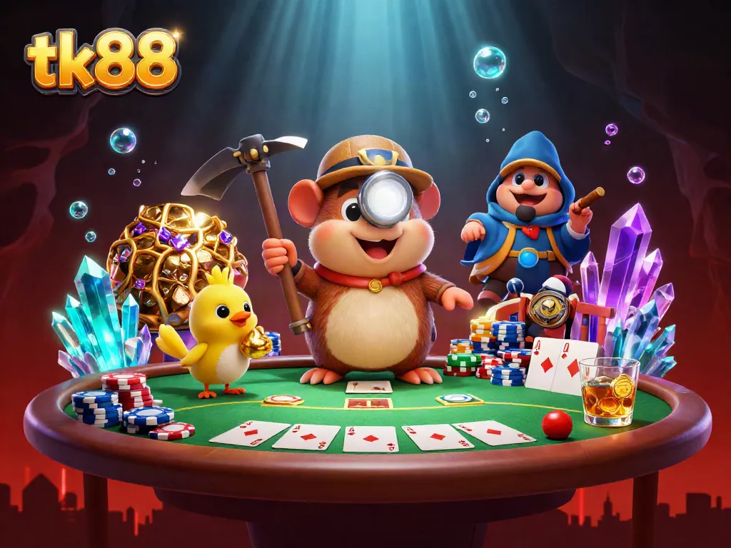 Engage in thrilling tk88 casino gameplay with cartoon mole and poker action