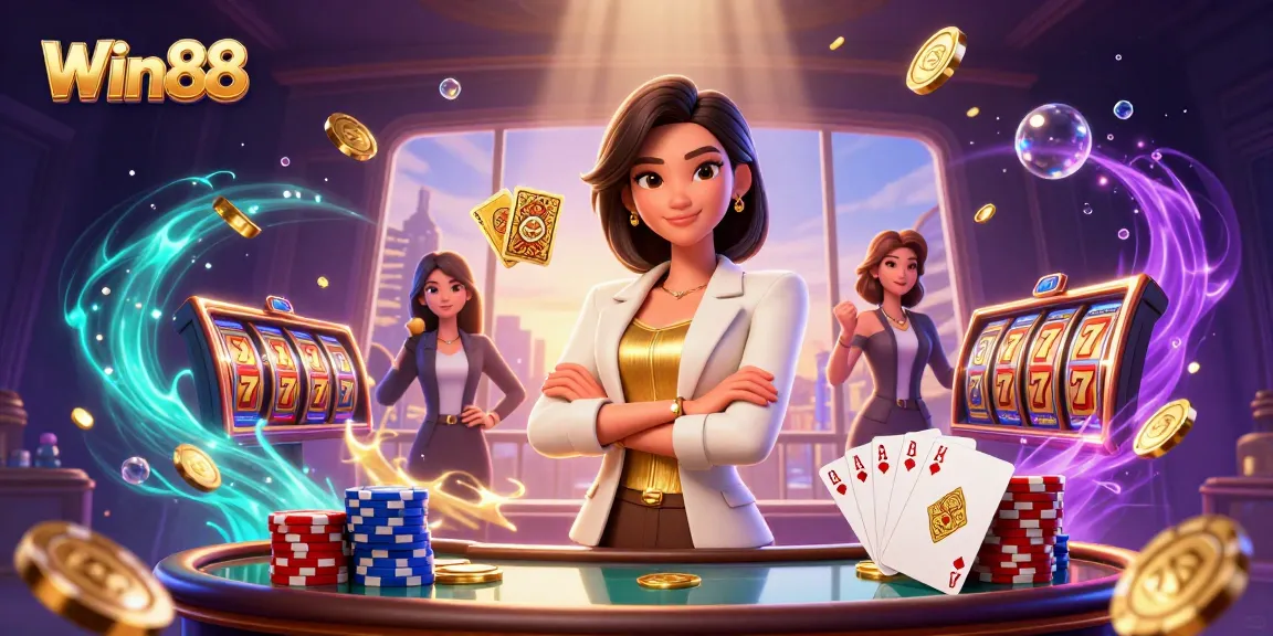Win88 offers thrilling slot gameplay with cascading coins and a powerful Asian businesswoman leading the scene.