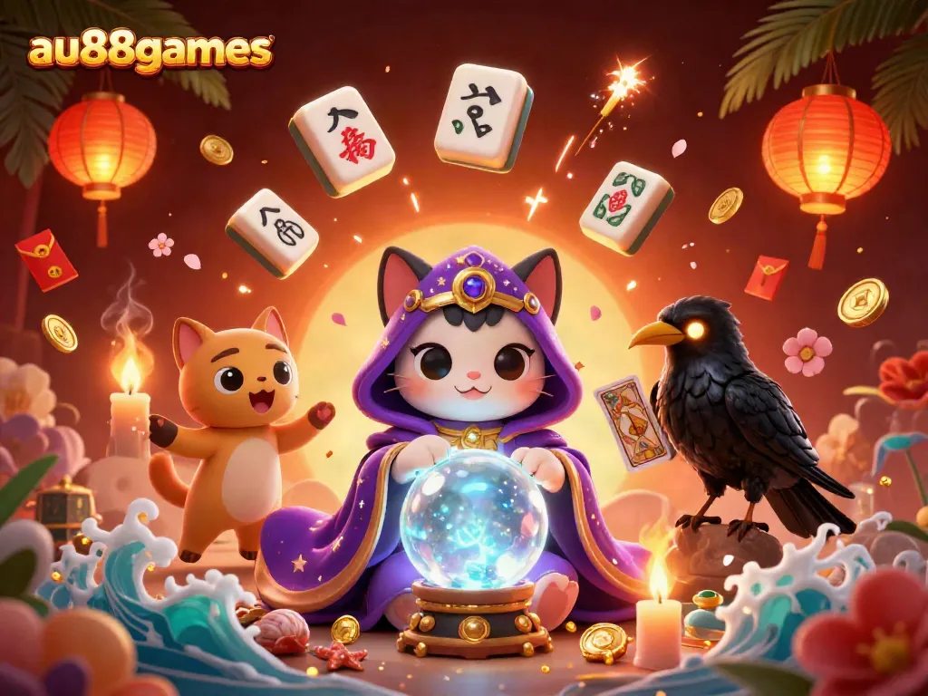 Engage with the mesmerizing world of au88games where a mystic fortune teller cat and a tarot raven enchant players amidst vibrant gaming elements.