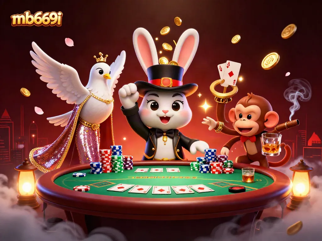 Engage with mb669i's vibrant casino scene showcasing a magician, dove, and monkey with poker chips.