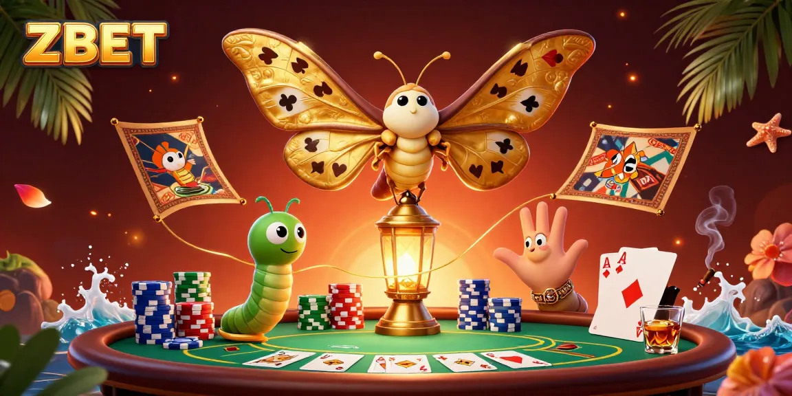 ZBET showcases a vibrant casino scene with a majestic moth and poker elements, enriching the gaming experience.