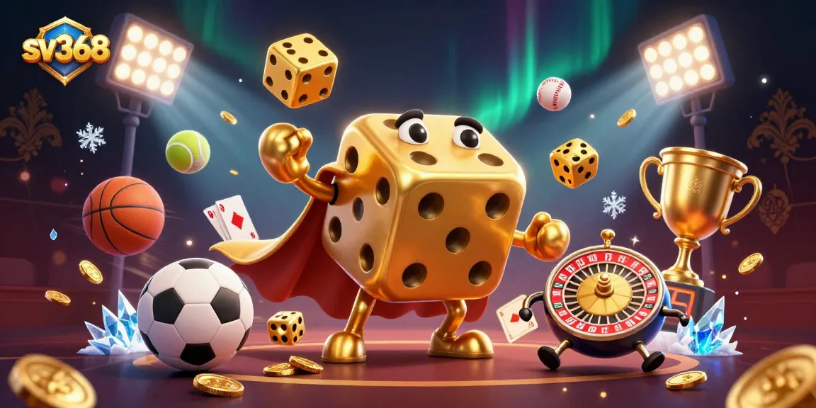 sv368 interactive gambling illustration featuring golden dice and dynamic sports elements.