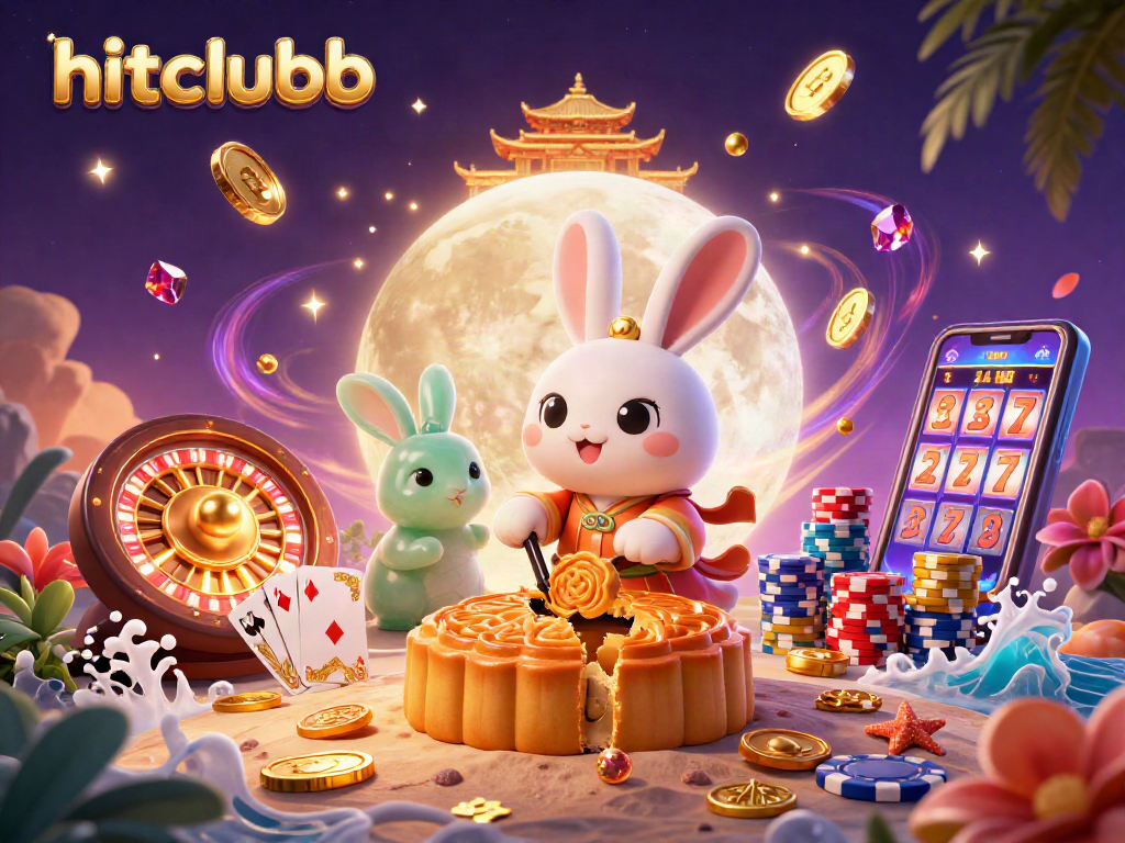 Hitclubb showcases a cartoon moon rabbit revealing poker chips while surrounded by vibrant casino elements.