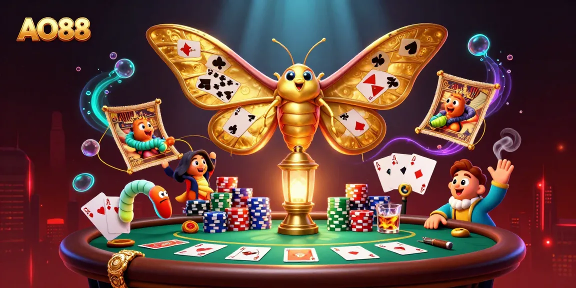 Experience the thrill of gaming at AO88 with a vibrant and intricate casino scene illustration, showcasing dynamic poker action.