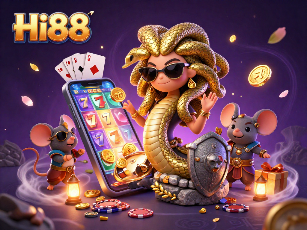 Experience thrilling gameplay at Hi88 with Medusa and casino elements in a vibrant 3D illustration.