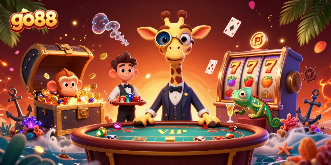 Experience excitement at go88 with high-roller giraffe, monkey valet, and chameleon bartender in a rich 3D casino scene.