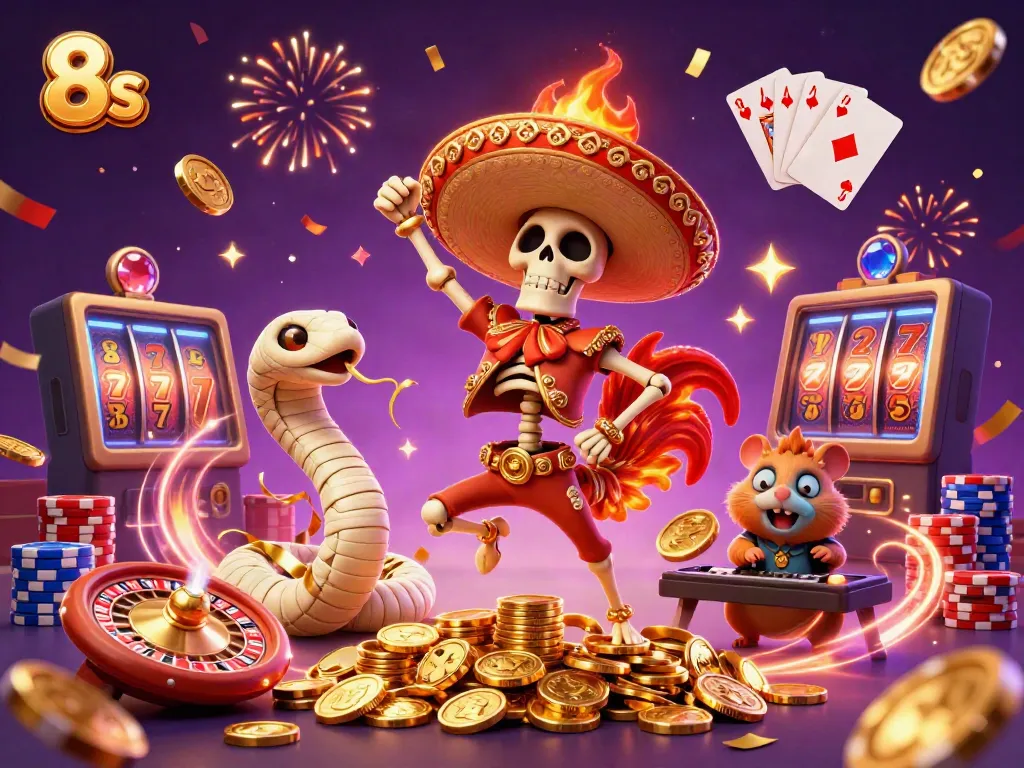 Experience the excitement of 8s with a vibrant 3D scene featuring a mariachi rooster, mummy snake, and zombie DJ in a casino-themed celebration.