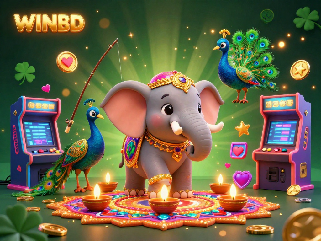 Exciting moment at WINBD featuring a festive elephant and peacock amidst dynamic gaming elements.