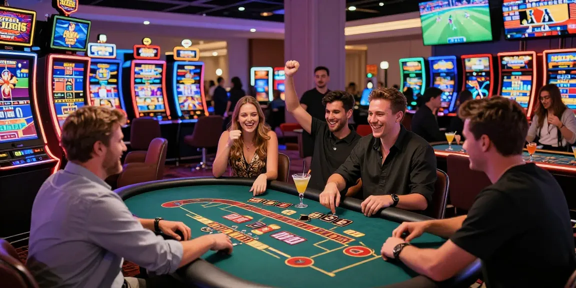 Exciting KO66 Casino gaming scene with players cheering at tables and vibrant decor.