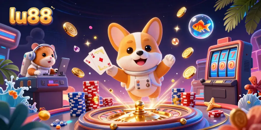 Experience thrilling gaming at lu88 with a 3D cartoon space casino scene filled with vibrant action.