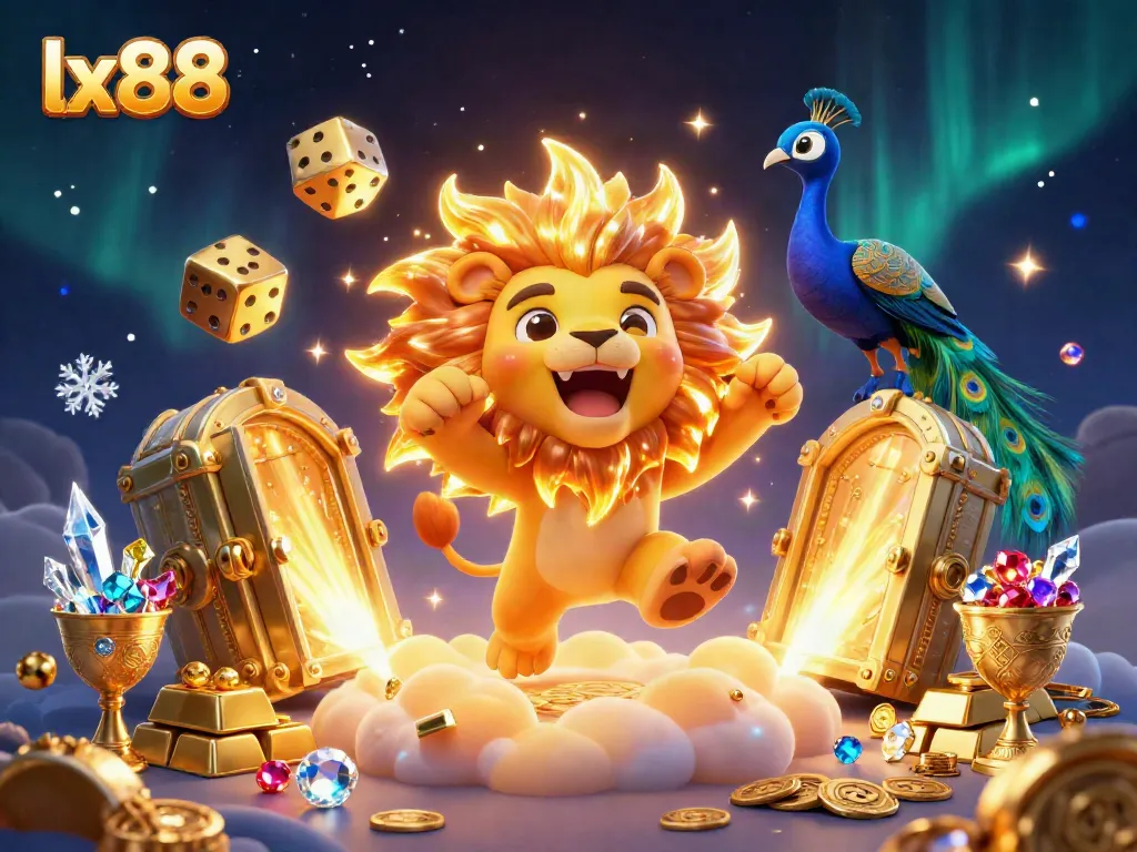Experience the thrill of gambling at lx88 with a vibrant 3D illustration showcasing golden treasures and dynamic game elements.