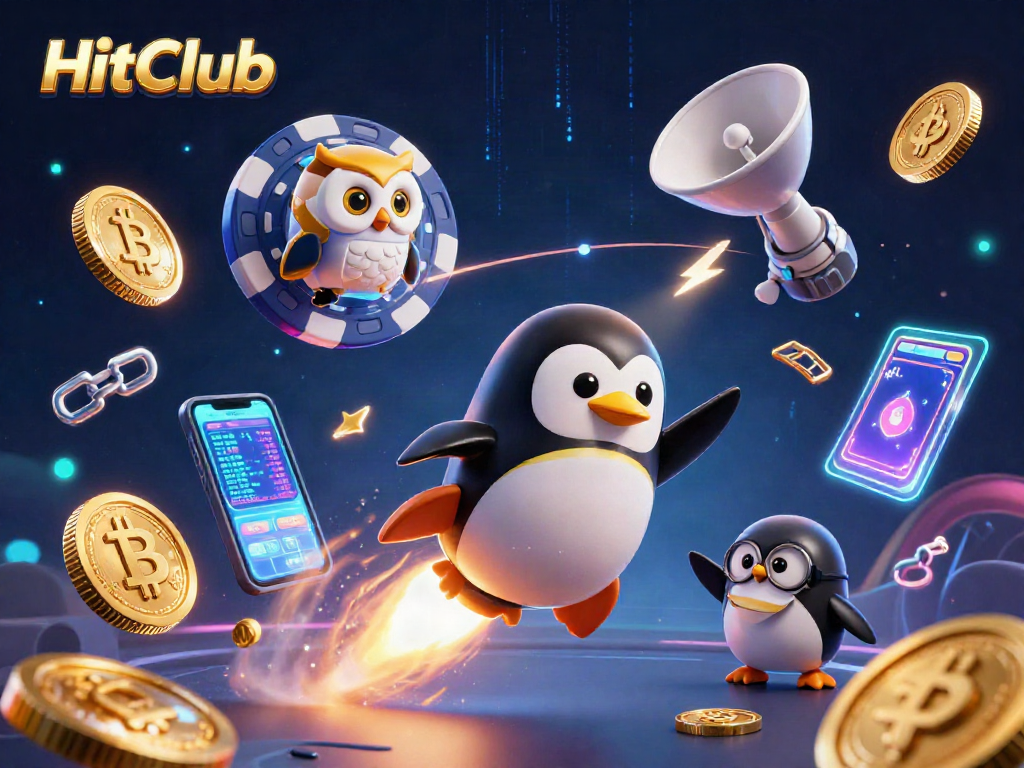 HitClub penguin rockets through space to a casino, with glowing coins and crypto elements.