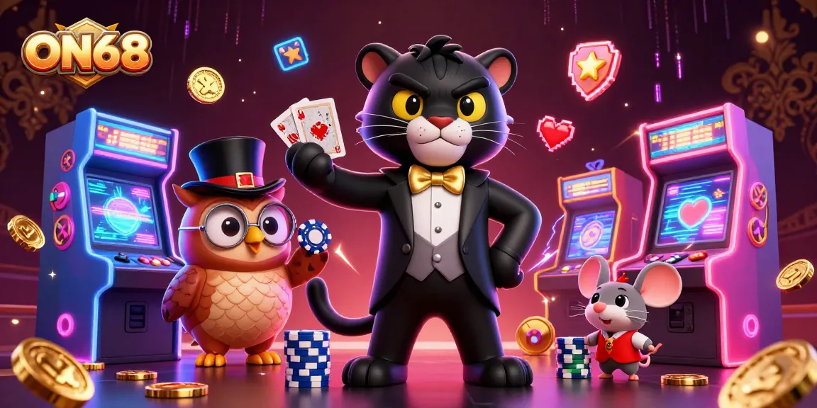Experience the thrill of gaming with ON68 as a stylish panther deals cards amidst vibrant casino elements.