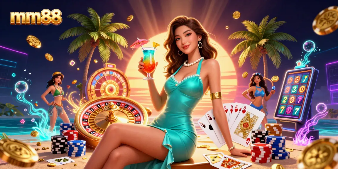 Experience the excitement at mm88 with a vibrant casino scene featuring golden coins and a tropical drink.