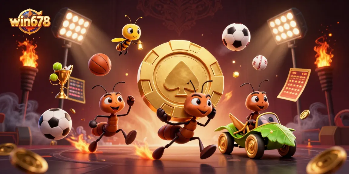 Win678 offers thrilling casino action with playful ants on a heist and vibrant sports elements.