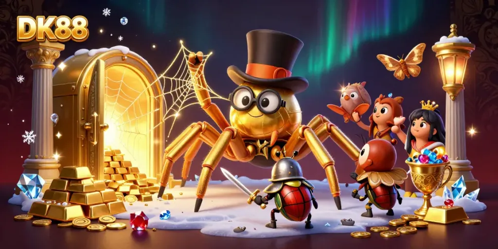 Engage in exciting gambling adventures at DK88 with vibrant characters and golden treasures.