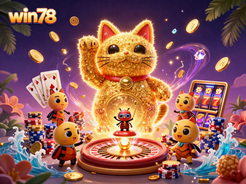 Experience the magic of win78 with a vibrant lucky cat and casino symbols in action.