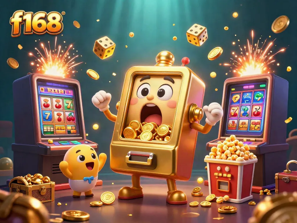 f168 slot machine hits jackpot, surrounded by cheering baby machines and golden coins