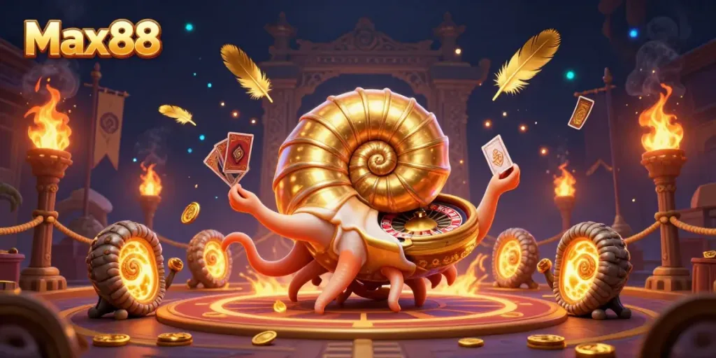 Experience thrilling gameplay with Max88 featuring a giant nautilus roulette wheel, golden tokens, and vibrant gaming elements.