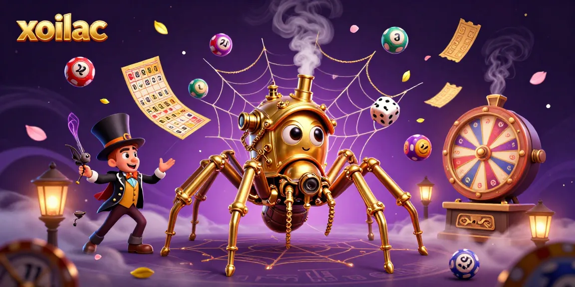 Engage with xoilac’s thrilling gaming scene featuring a steampunk spider and vibrant lottery elements.