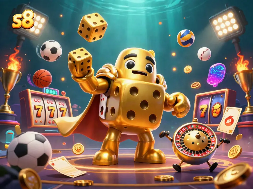 Engage in thrilling gameplay at s8, where massive golden dice, colorful slots, and vibrant sports elements collide.