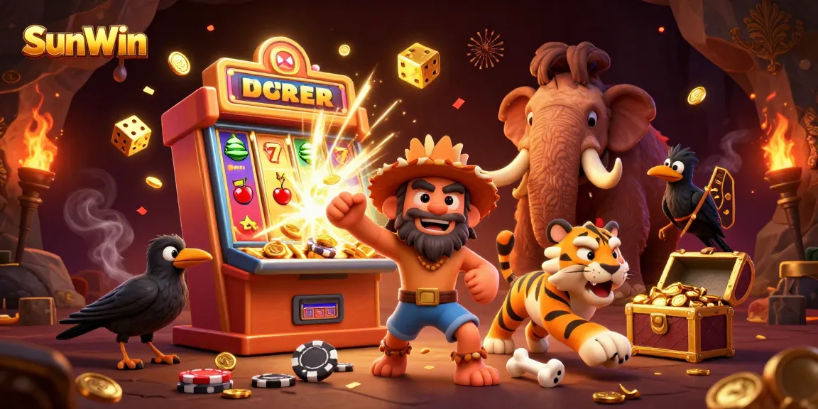 SunWin features a dynamic prehistoric casino scene with characters, vibrant slot elements, and engaging visuals.
