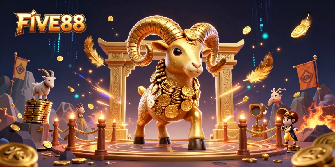 Experience the dynamic excitement of FIVE88 with a golden ram charging through a vibrant casino scene.