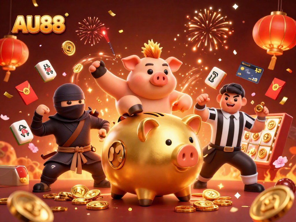 Engage with AU88's thrilling casino adventure featuring a golden piggy bank sumo wrestler and colorful elements.