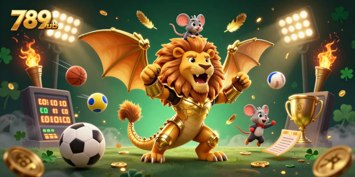 Experience the thrill with 789club's exciting gaming atmosphere featuring a roaring chimera and dynamic sports elements.