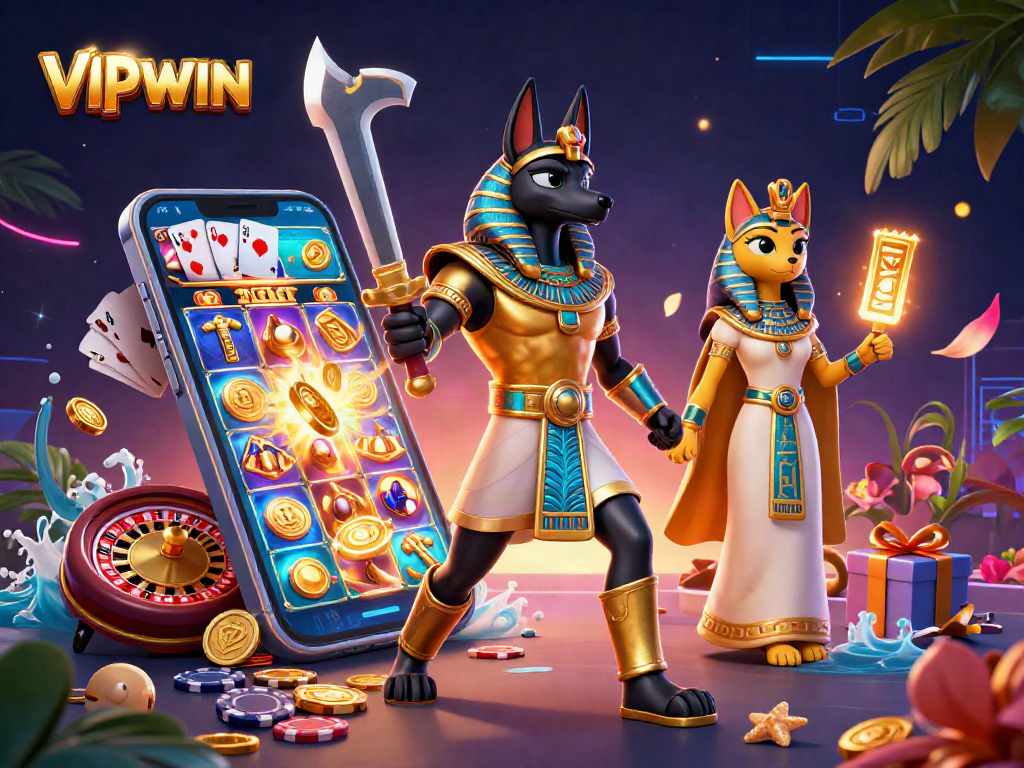 Engage with thrilling VIPWIN slots in a vibrant 3D casino scene featuring Anubis and Bastet.