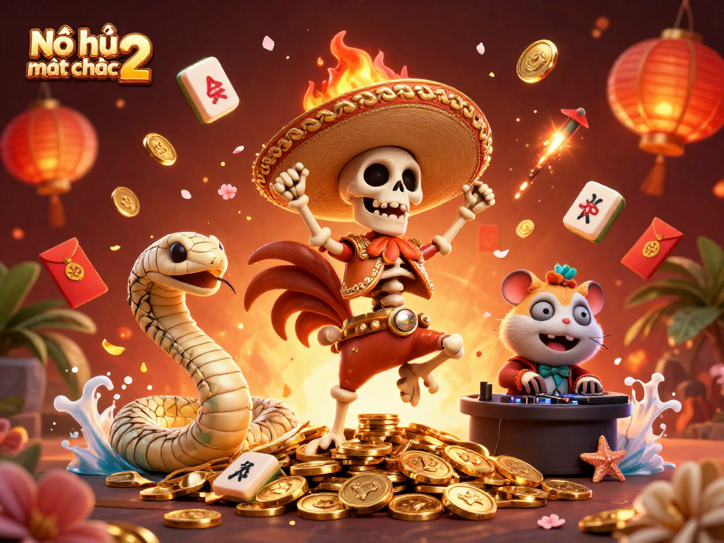 Experience the thrill of Nổ hũ đường mạt chược 2 with a vibrant scene of a mariachi rooster celebrating amidst mahjong tiles and gold coins.