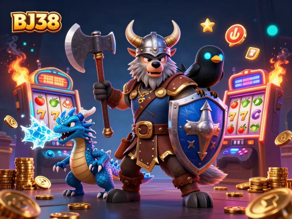 Spin the reels at BJ38, featuring a Viking warrior, dragon, and raven amidst vibrant slot machines and coins.