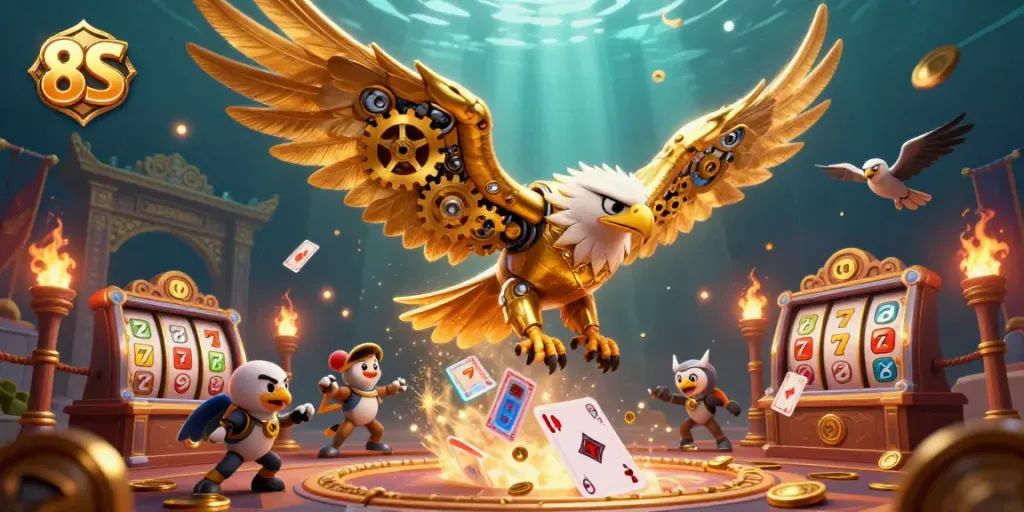 Experience thrilling gameplay with the 8S golden eagle soaring through a vibrant casino scene.