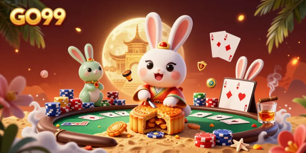 Experience the thrill of GO99 with a festive 3D moon rabbit casino scene filled with poker elements.