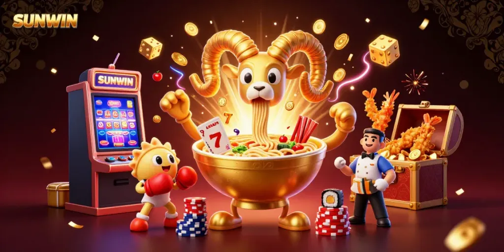 Experience the thrill at SUNWIN's vibrant casino with a golden ramen bowl character and dynamic gaming elements.