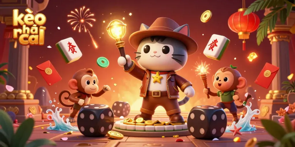 Engage with kèo nhà cái through a vibrant, cartoon-style scene of a cat archaeologist discovering casino treasures.