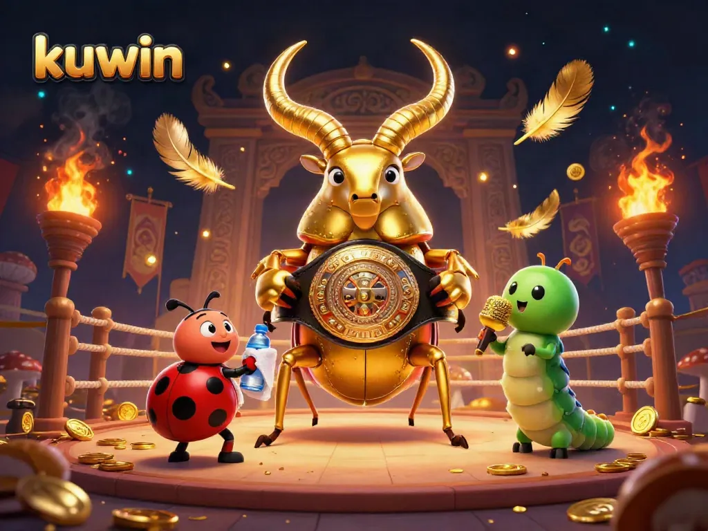 Kuwin's epic gaming showdown featuring a giant beetle in a boxing belt amidst golden casino elements