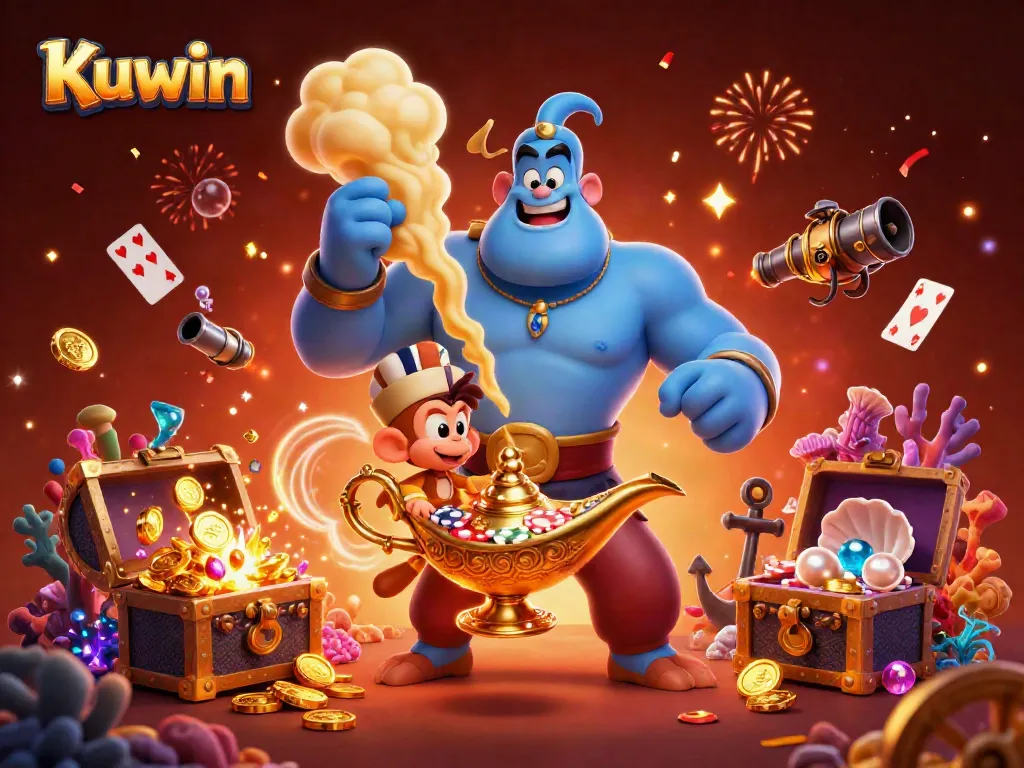 Kuwin players engage with exciting casino games amidst vibrant golden treasures and magical elements.