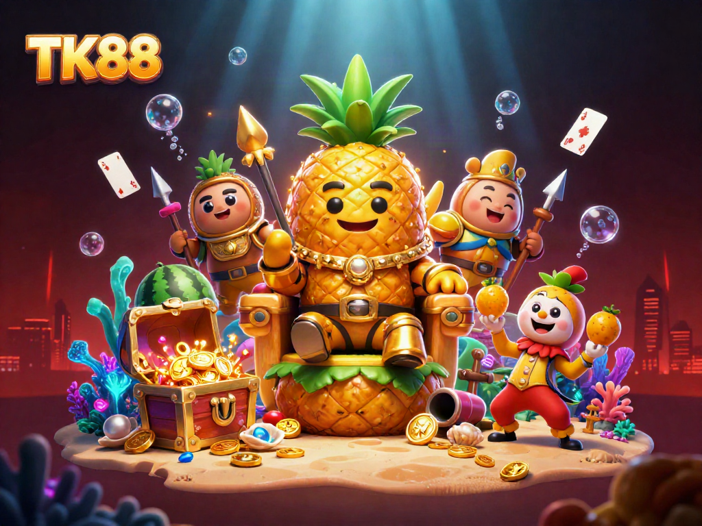 Engage with TK88's vibrant casino adventure, where the pineapple king reigns supreme amidst exciting gaming elements.