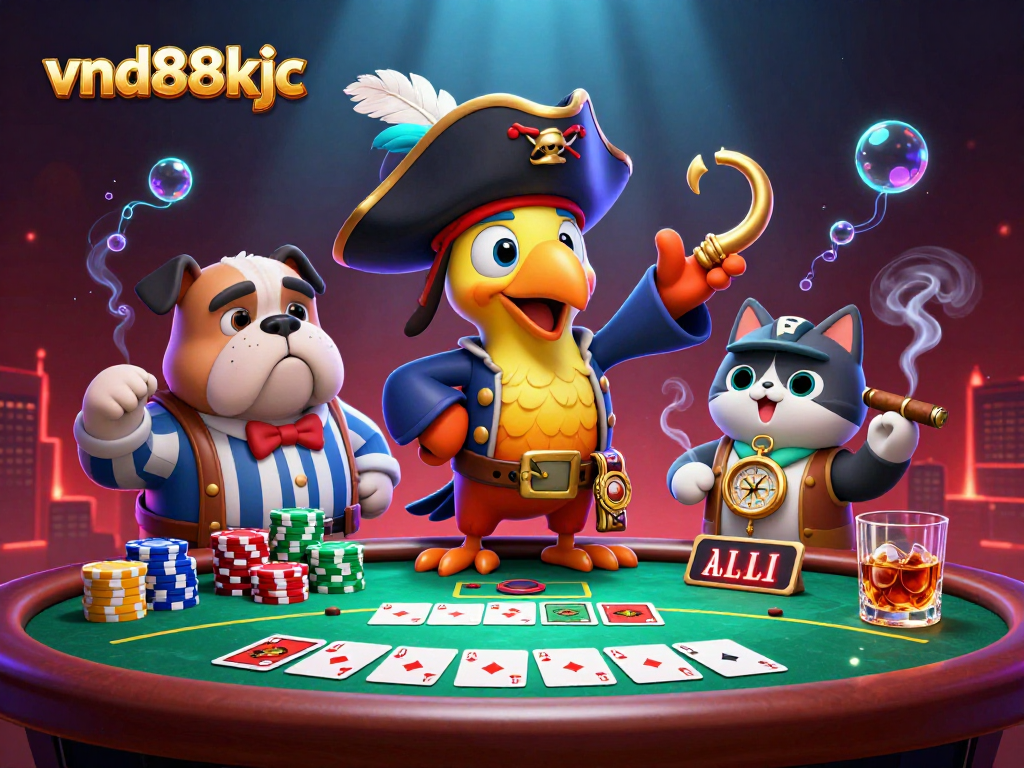 Experience thrilling poker action with vnd88kjc in a vibrant, cartoon pirate-themed casino scene.