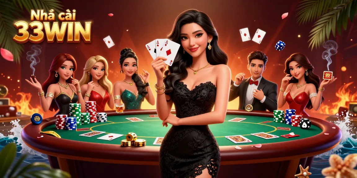 Engage with Nhà cái 33WIN's exciting gambling scene featuring a glamorous woman flaunting her poker hand.