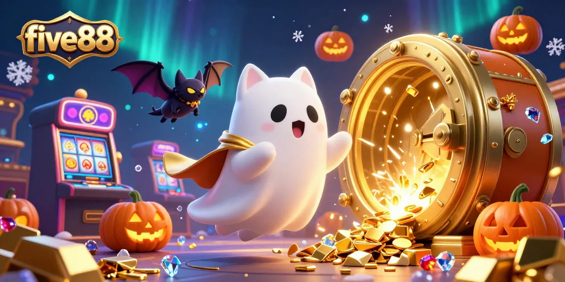 Win big at five88 with a lively casino scene, featuring a floating ghost cat and glowing treasures!